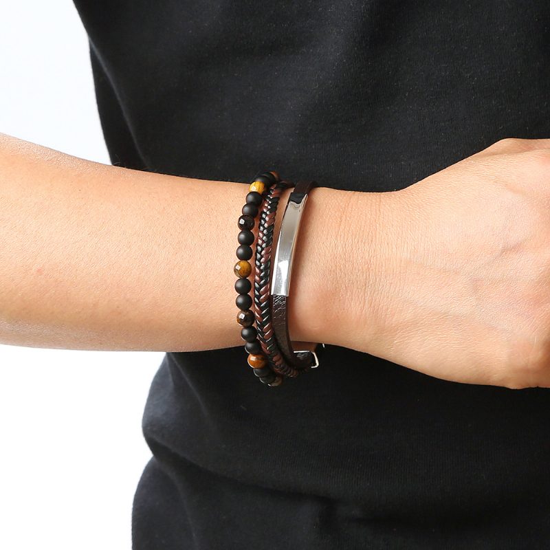 Armbånd I Rustfritt Stål For Menn Magnetspenne Lær Kuskinn Tau Flette For