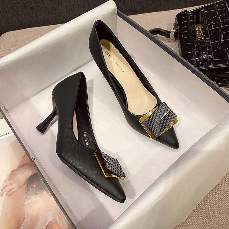 Høyhælte Sko Stiletto Mote Spisse Flate Sko 2024 Høst Nye Firkantede Spenne Sko Kvinner