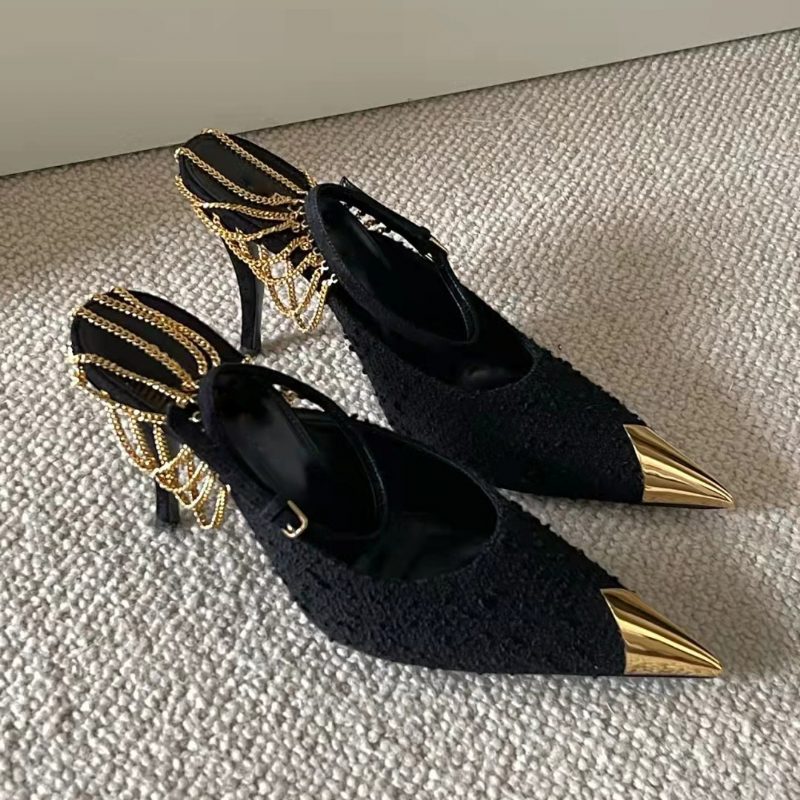 Vårens Nye Svarte Høyhælte Sko Sexy Spisse Gylne Vevde Flate Stiletsko