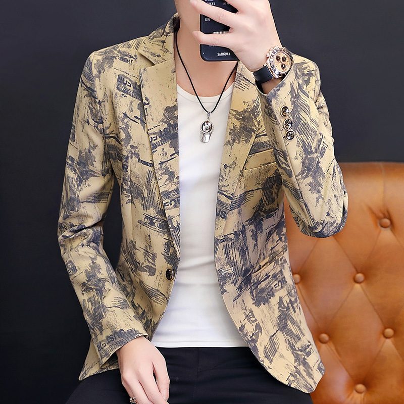 Men's Blazers Trend Printed Single Row One Spenne Khaki