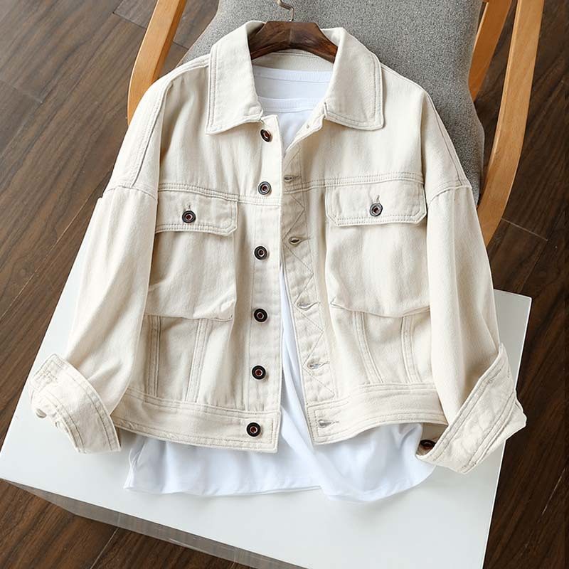 Creme White Single Breasted Denim Jakke Løs For Kvinner