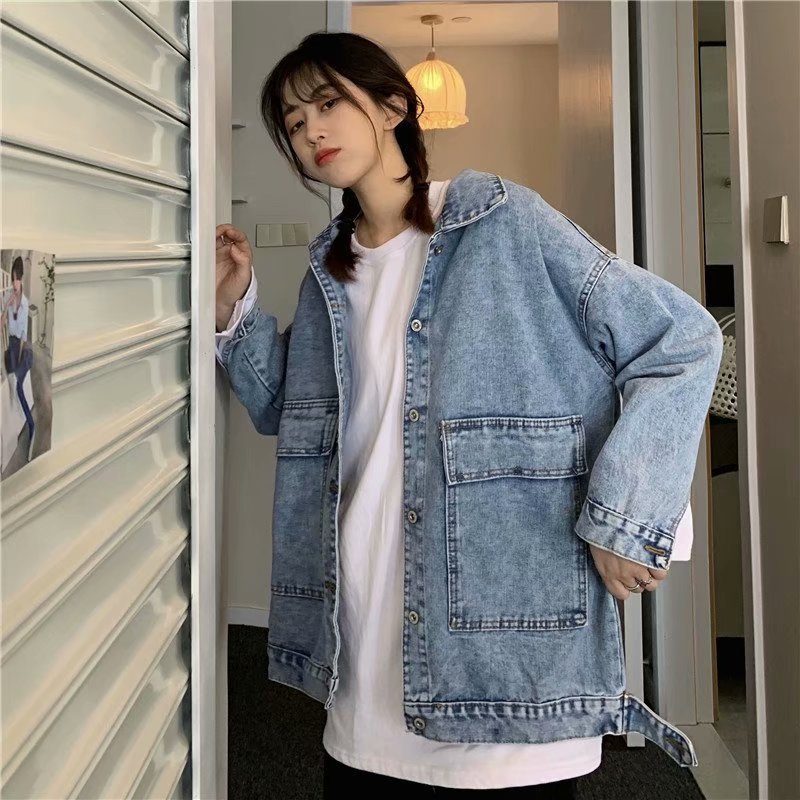 Denimjakke Dame Løsjakke Vintage Langermet Topp