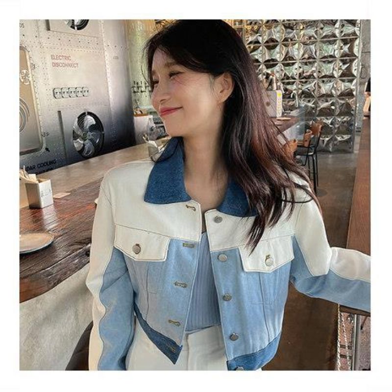 Vintage Denim Jakke Dame Løs Uformelt Kort Søm Topp