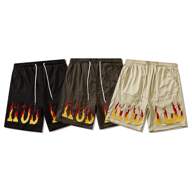 Flamme Bokstaver Broderi Casual Shorts Menn Løs Sport Fem Poeng