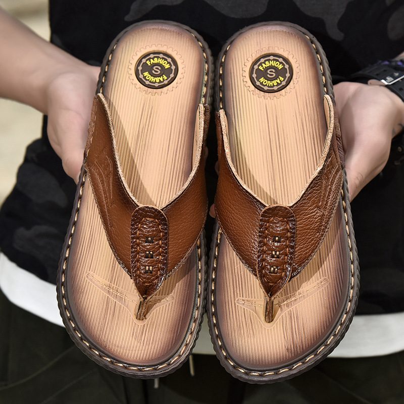 Sommerflip Flops I Skinn Herretøfler Skinnsandaler Sklisikre Pustende Herresko Uformelle Strandsko