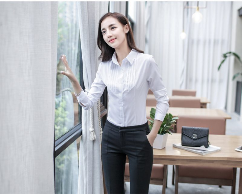Dameskjorter Med Lange Ermer Slim Fit Formelle Polstrede Topper