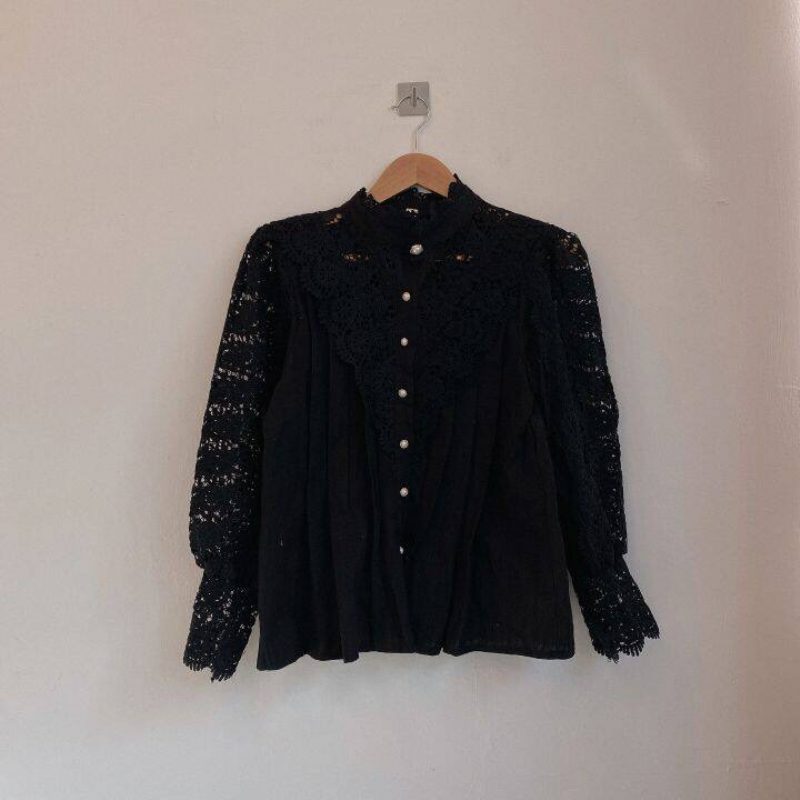 Moteskjorte Dame Hollow Lace Ruffle Halv Høy Krage