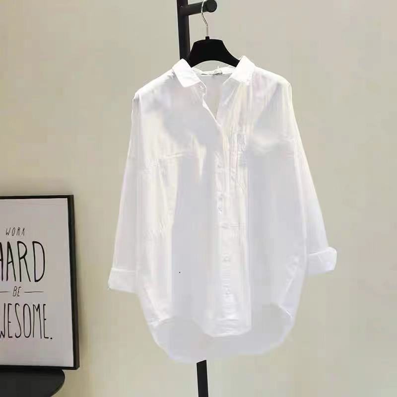 Single Breasted Dameskjorte Lapel Mid Length Cardigan White Løs