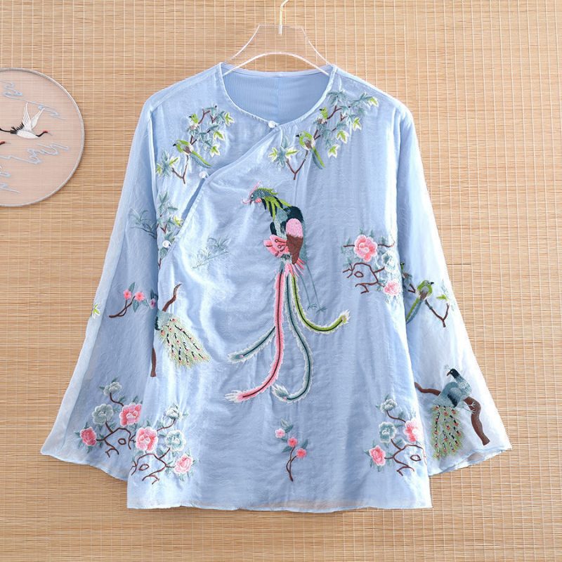 Vintage Dameskjorte Brodert Løs Topp Dame