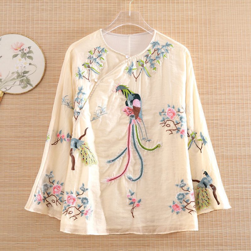 Vintage Dameskjorte Brodert Løs Topp Dame