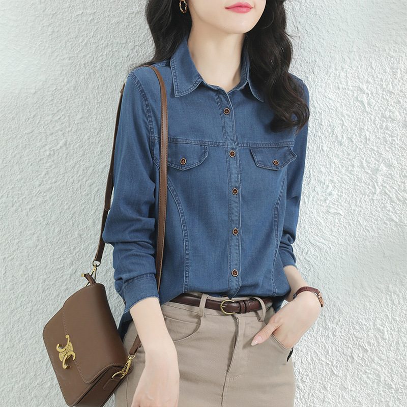 Vintage Denimskjorte Med Lange Ermer For Kvinner