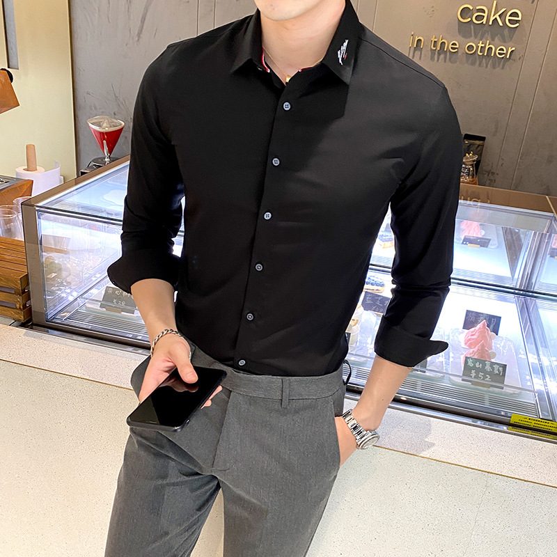 Brodert Skjorte For Menn Casual Business Slim Ensfarget Langermet