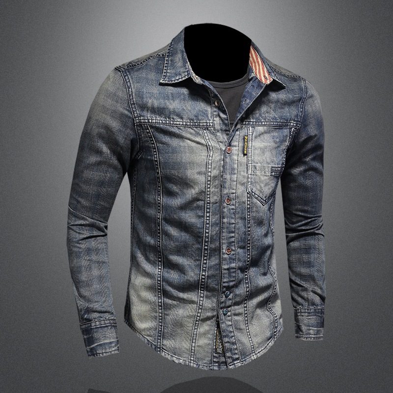Denimskjorte For Menn Vintage Rutetrykk Uformelt