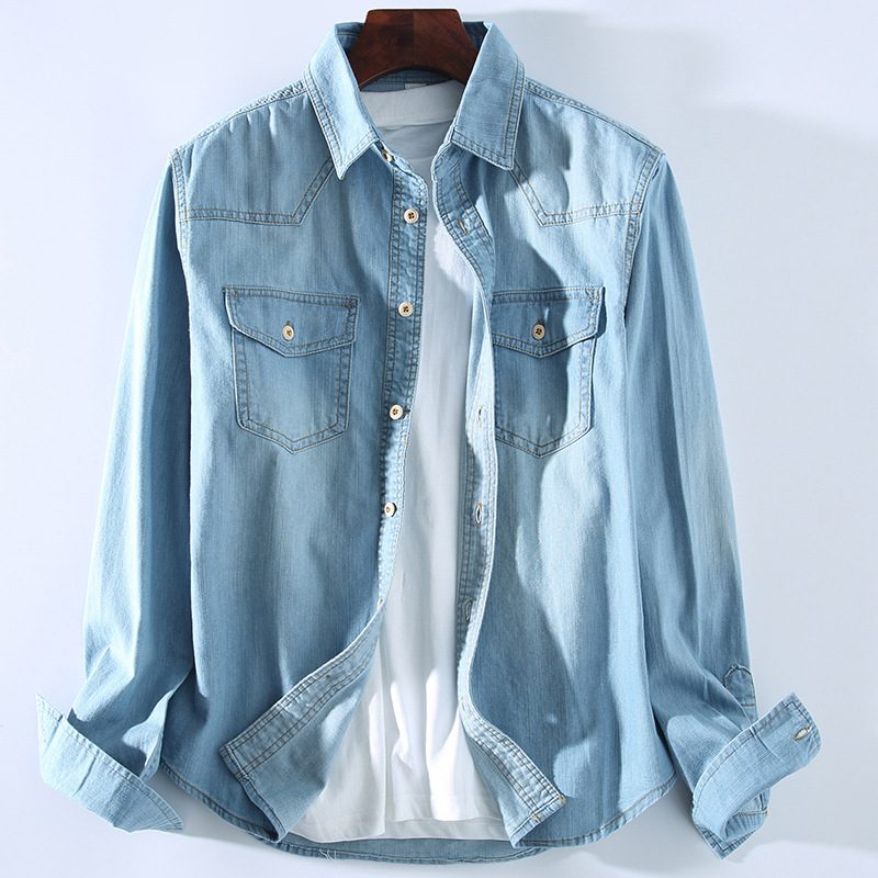 Herre Bomullsskjorte Lyseblå Denim Casual