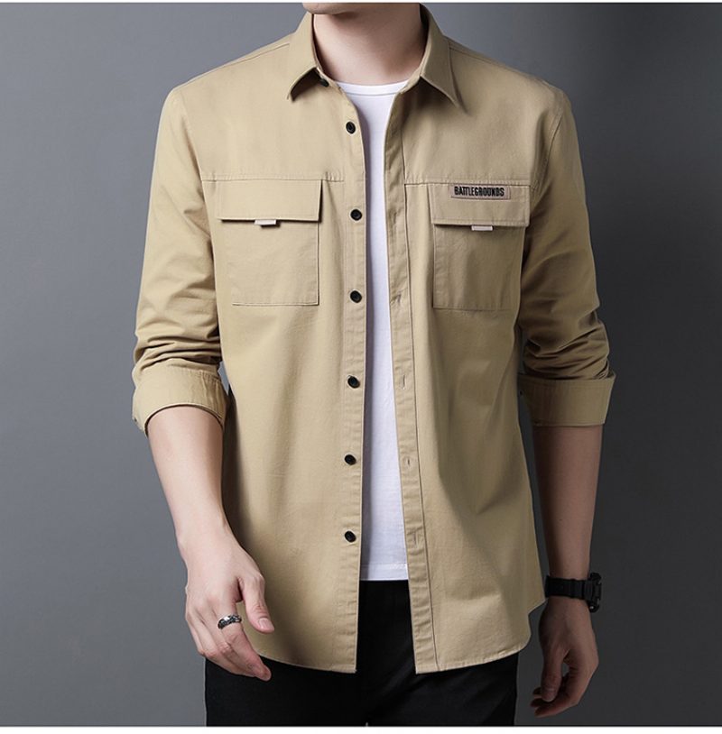 Herreskjorte Bomull Arbeidstøy Langermet Lapel Ensfarget Multi Pocket Trend