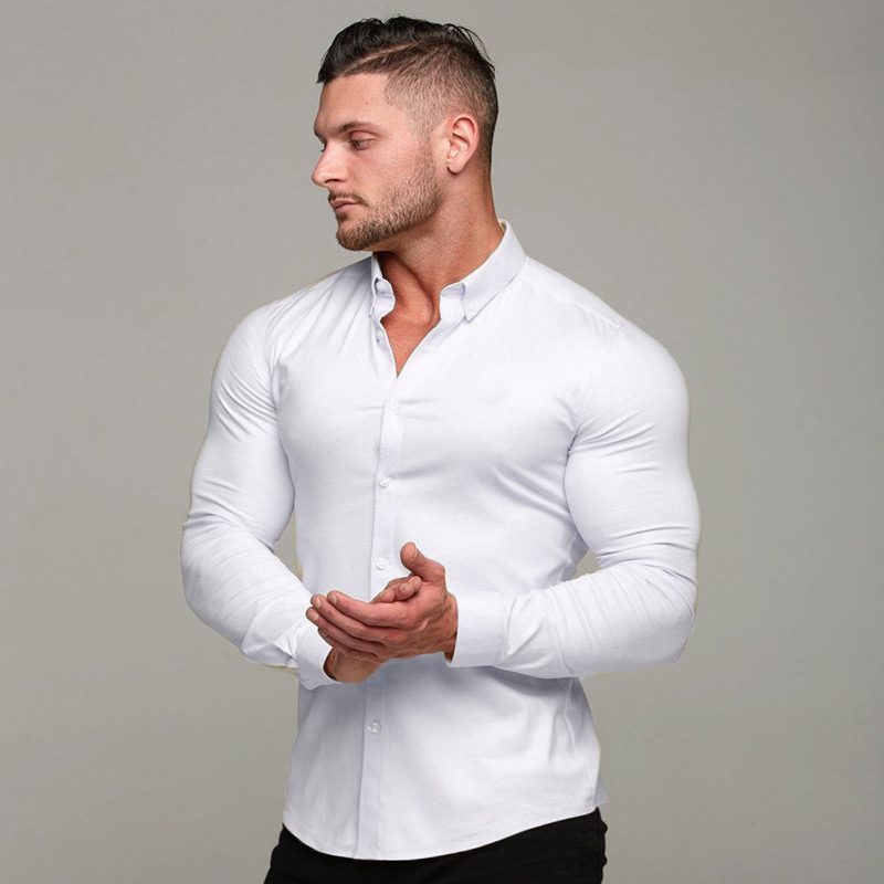 Langermet Standkrageskjorte For Menn Stretch Tynn Ensfarget Casual Cardigan