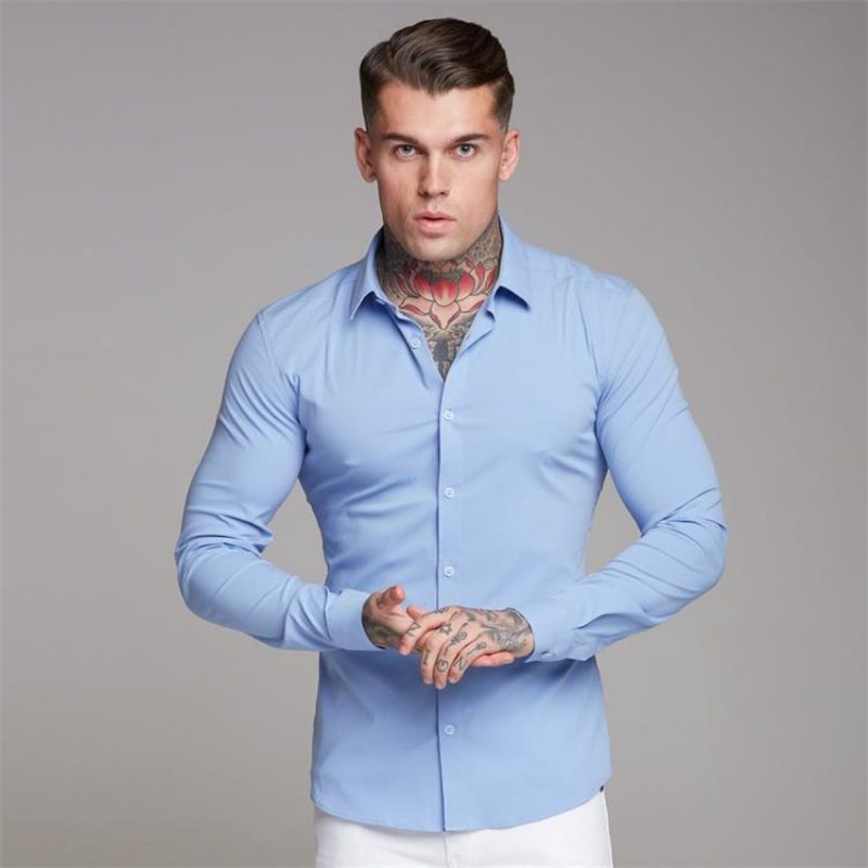 Langermet Standkrageskjorte For Menn Stretch Tynn Ensfarget Casual Cardigan