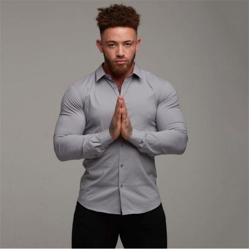Langermet Standkrageskjorte For Menn Stretch Tynn Ensfarget Casual Cardigan