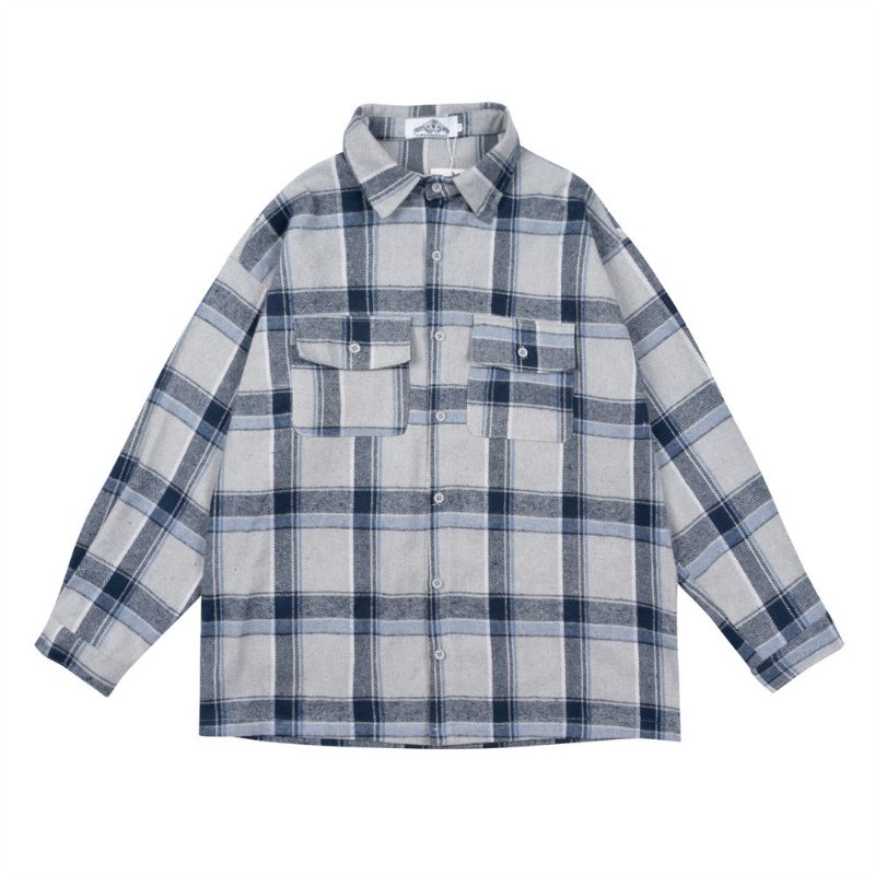 Rutet Skjorte Menn Langermet Løs Lommejakke Casual Lapel Cardigan