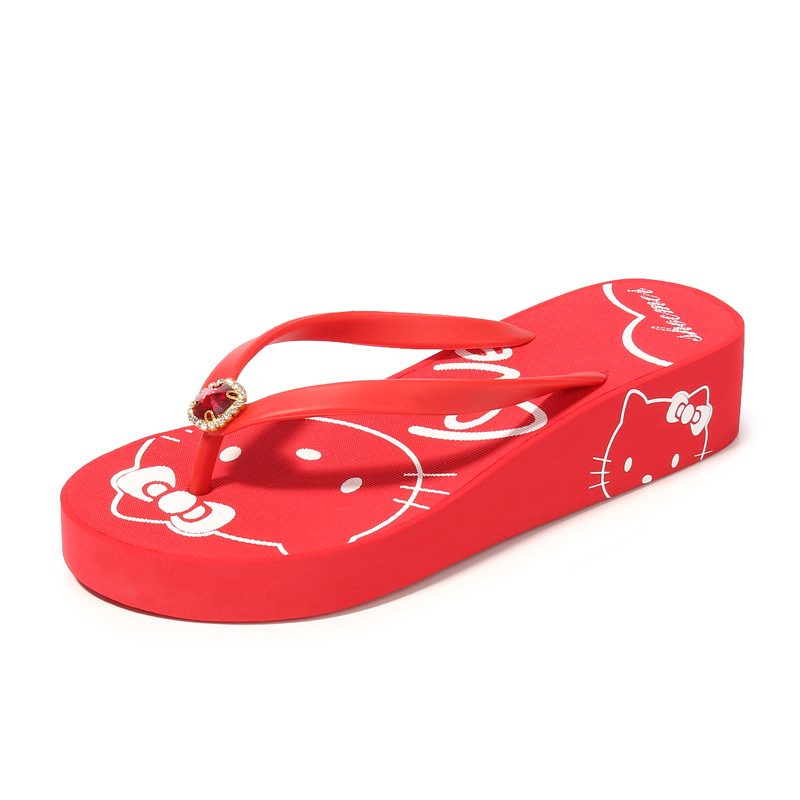 2024 Kreative Nye Kvinner Hello Kitty Søte Flip Flops Med Mellomhæl Rhinestone Sommer Kile Sandaler Tøfler Sko