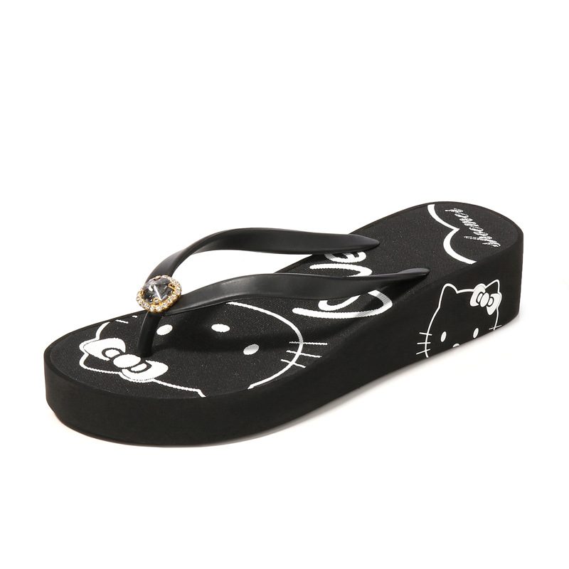 2024 Kreative Nye Kvinner Hello Kitty Søte Flip Flops Med Mellomhæl Rhinestone Sommer Kile Sandaler Tøfler Sko