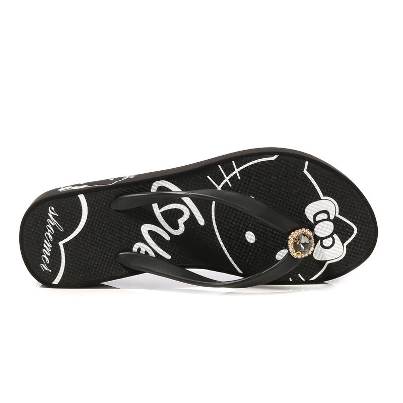 2024 Kreative Nye Kvinner Hello Kitty Søte Flip Flops Med Mellomhæl Rhinestone Sommer Kile Sandaler Tøfler Sko