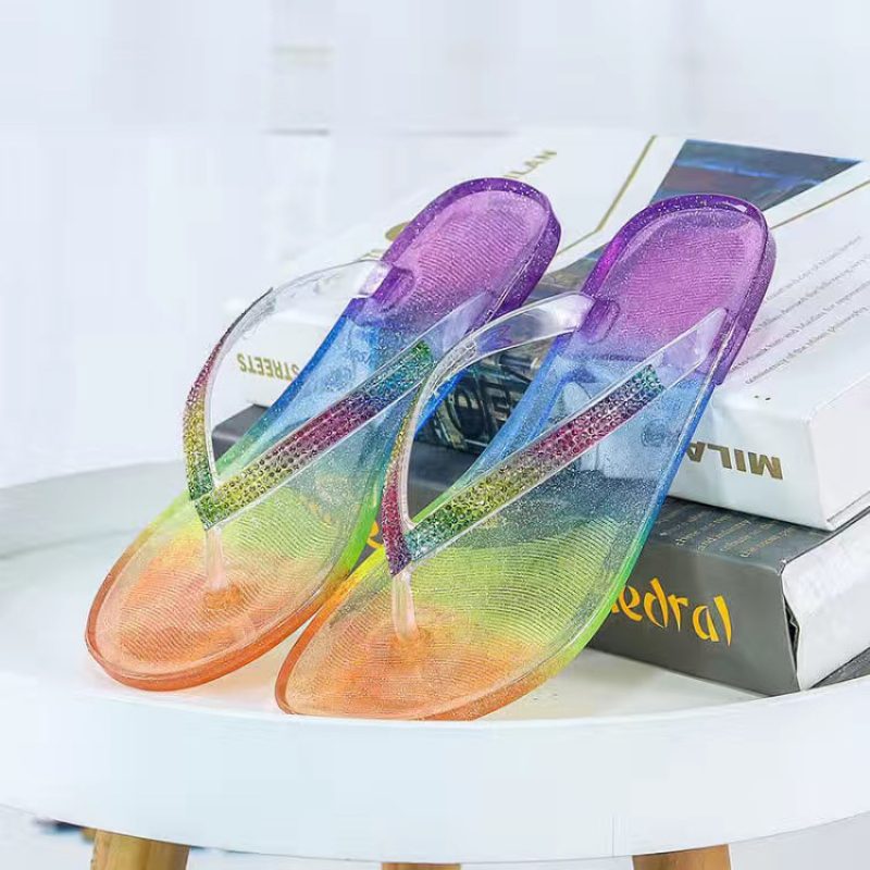 2024 Sommer Flip Flops Kvinners Nye Mote Godteri Farge Flat Krystall Klype Sandaler Tøfler Sko