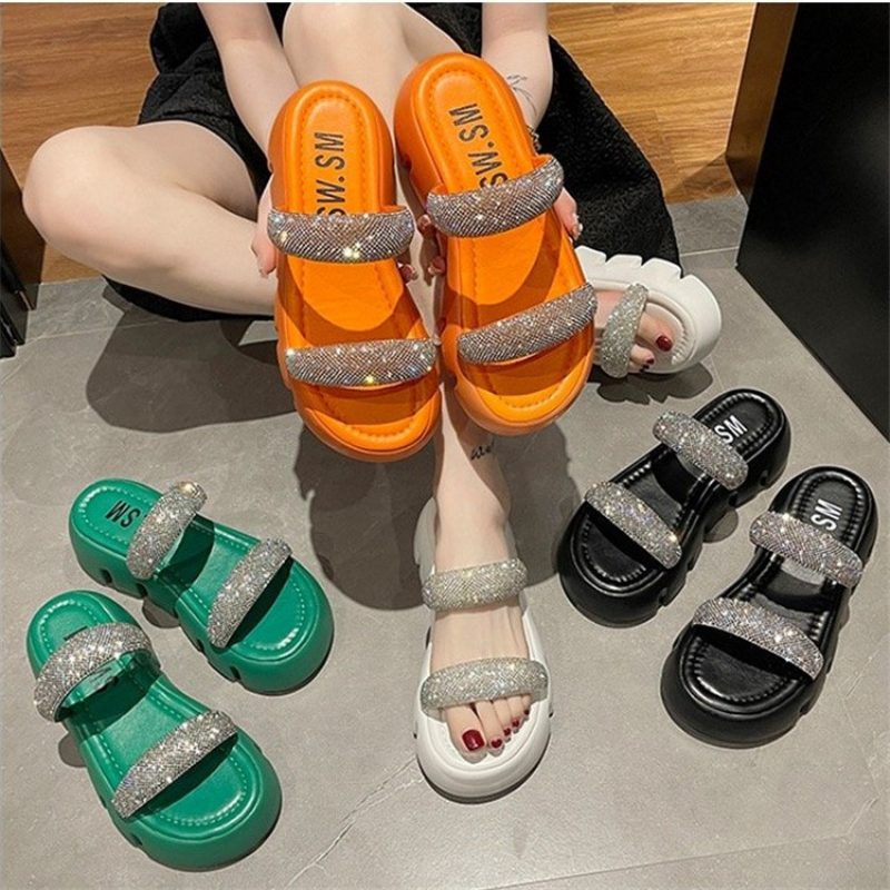 2024 Sommer Nye Kvinners Sandaler Og Tøfler Sko En-formet Rhinestone Grønn Plattform Bunn Damesandaler Og