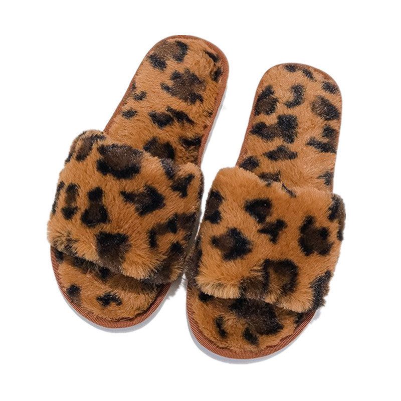 Leopardprint For Kvinner Høst Og Vinter Hjem Flate Plysj Bomull Tøfler Stor Størrelse