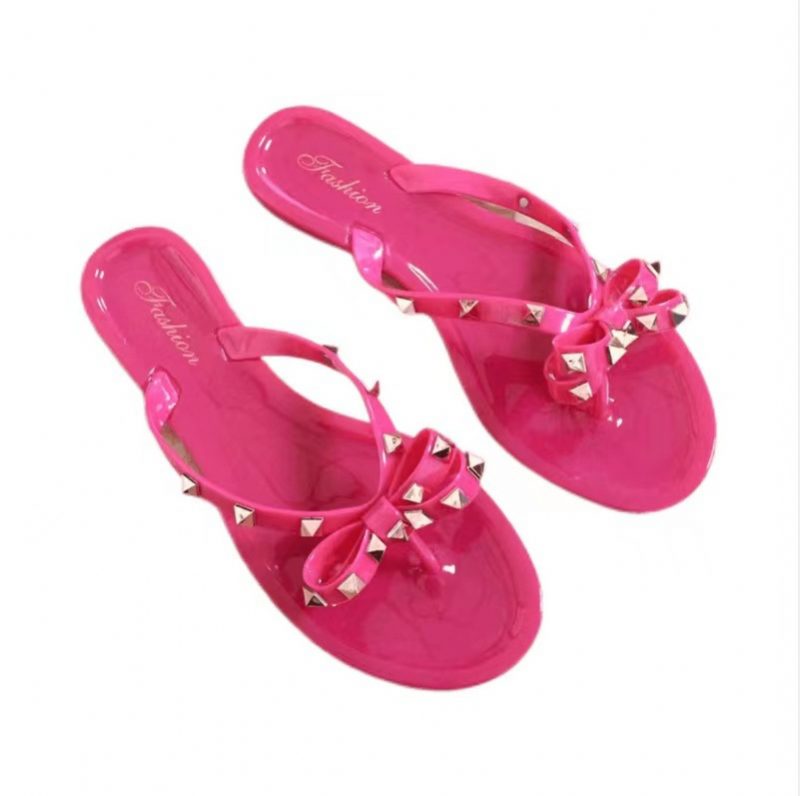 Ny Stil Naglesko Bowknot Flip Flops Sommer Strand Flat Gjennomsiktig Jelly Krystall Tøfler Kvinner