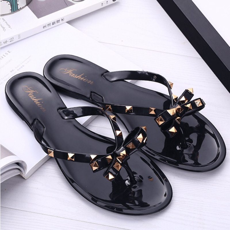 Ny Stil Naglesko Bowknot Flip Flops Sommer Strand Flat Gjennomsiktig Jelly Krystall Tøfler Kvinner