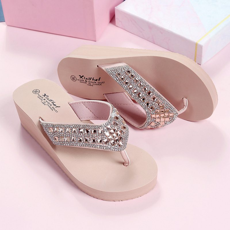 Tøfler Dame Sommer Rhinestone Sandaler Sko Jenter Mote Ferie Strand Sko Kile Plattform Sko Flip Flops