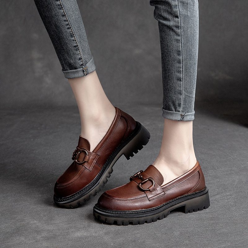 Retro Casual Brogue Sko Damesko Metallspenne Dekorasjon Håndpolert Farge Flate Sko Okseskinn Martin