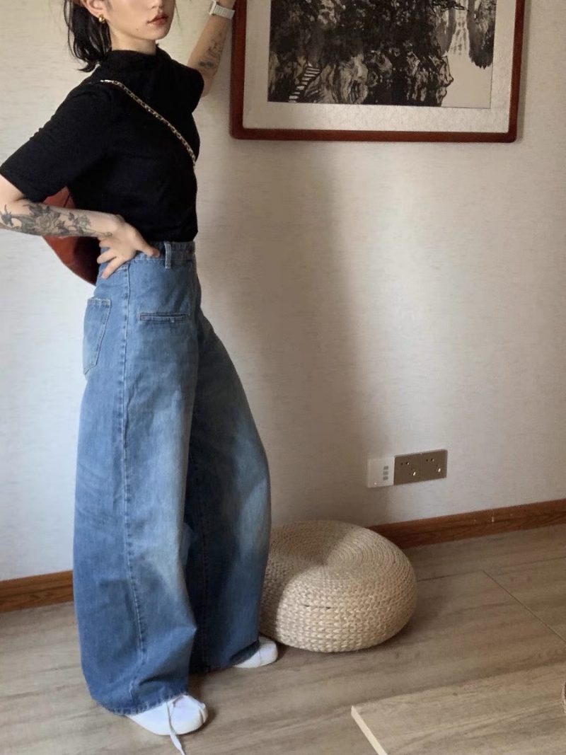 Dame Jeans Retro Høy Midje Casual Rett Brede Ben Løs