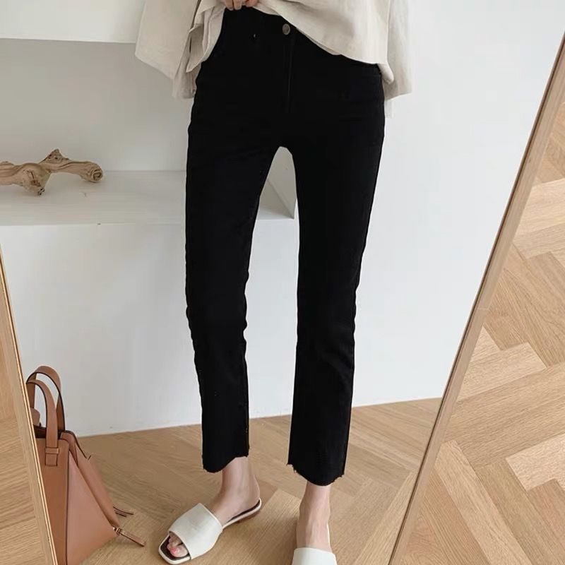 Jeans For Kvinner Stretch Lyseblå Rett Beskårne Rå Kanter