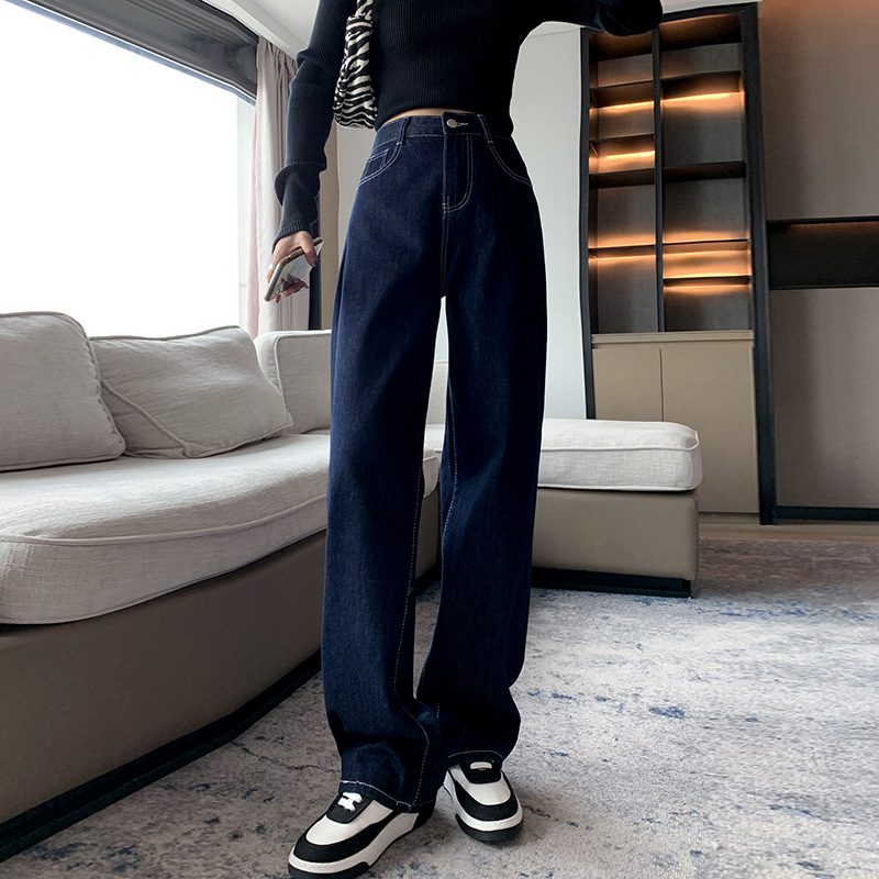 Jeans Med Rette Ben For Kvinner Mørkeblå Løs Høy Midje Bredt Ben Trendy