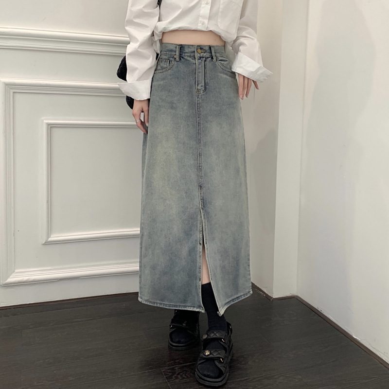 2024 Retro Denimskjørt Dame Mellom Lengde Slit Høy Midje Rett Skjørt