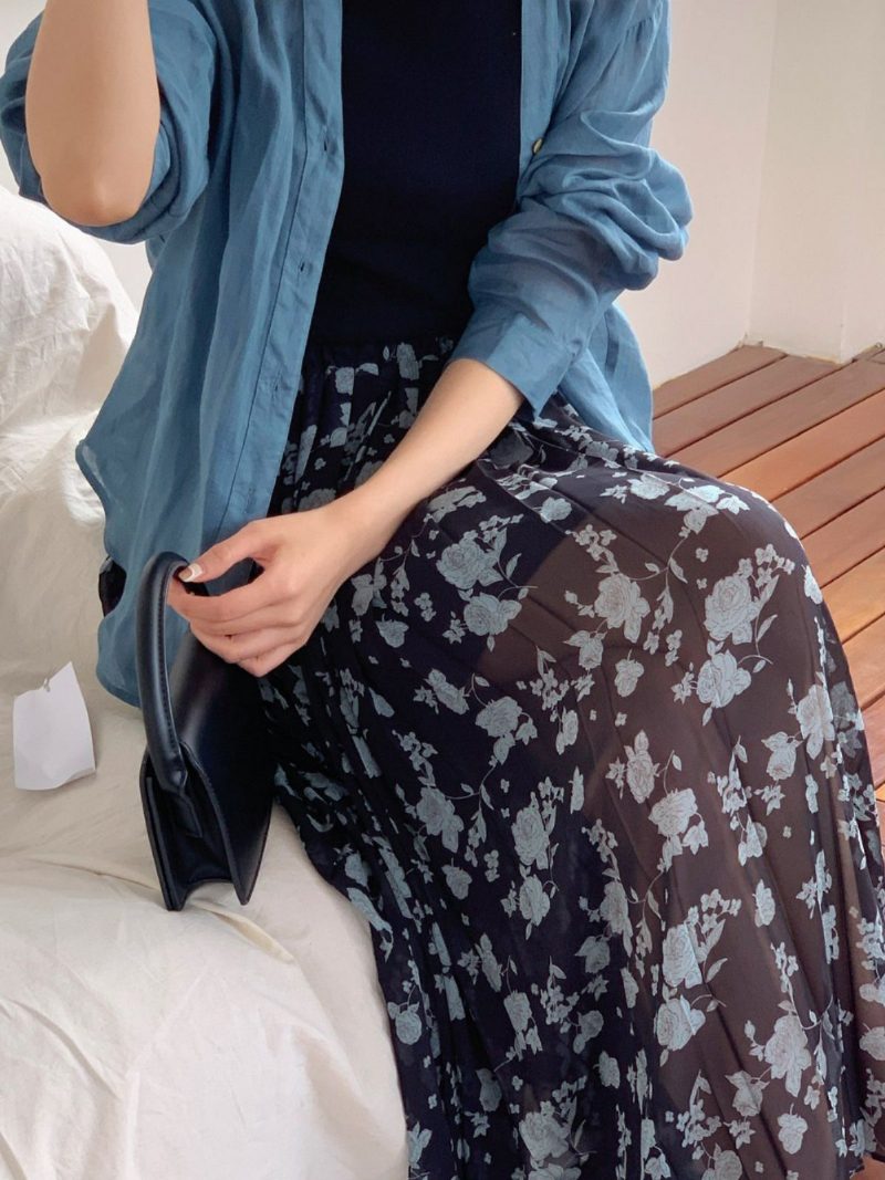 Chiffon Blomsterskjørt Kvinner Print 2024 Høy Midje Plissert Skjørt