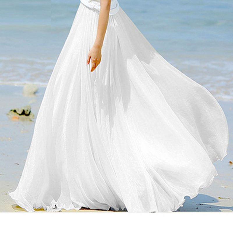 Chiffon Skjørt Høy Midje Solid Farge Stor Swing Langt Strandskjørt