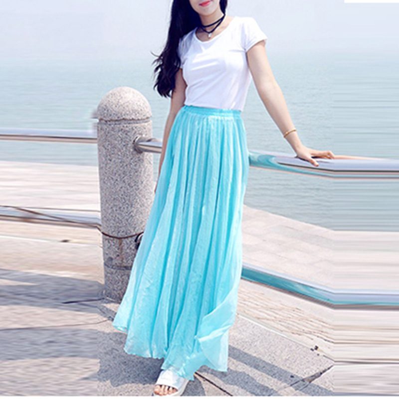 Chiffon Skjørt Høy Midje Solid Farge Stor Swing Langt Strandskjørt