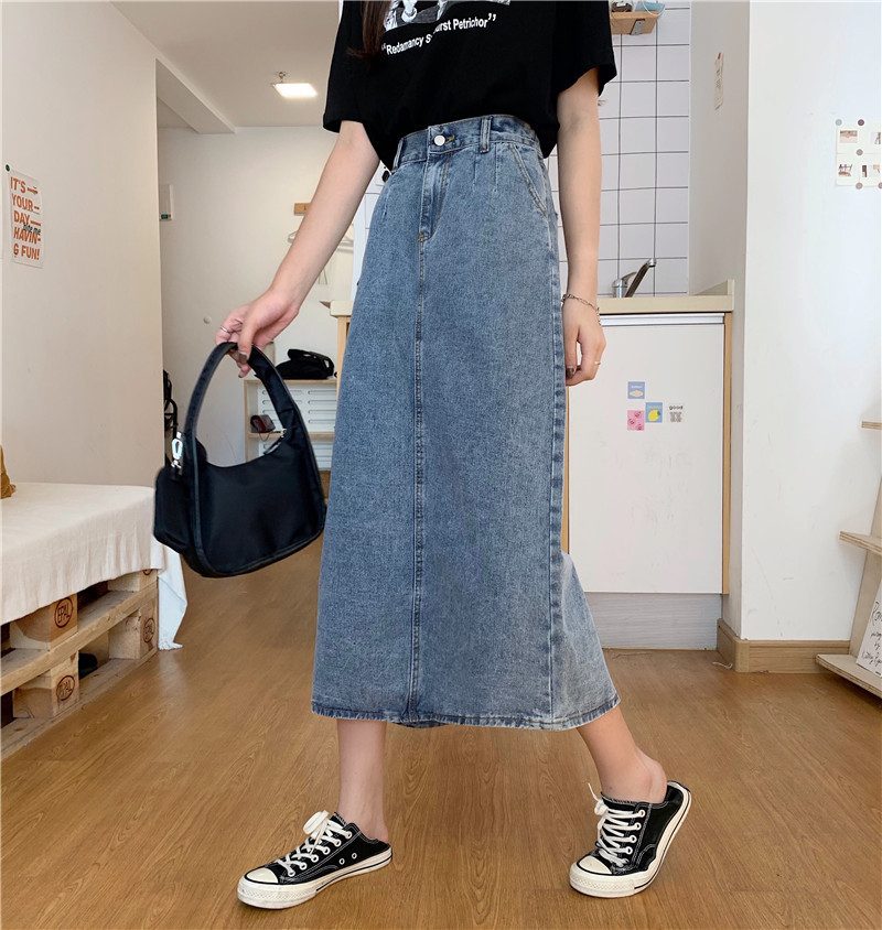 Denimskjørt For Kvinner Med Høy Midje Mellomlang Løs Splitt Bak