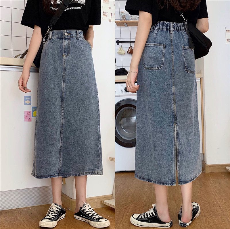 Denimskjørt For Kvinner Med Høy Midje Mellomlang Løs Splitt Bak