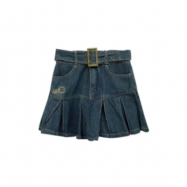 Denimskjørt For Kvinner Retro Plissert Skjørt Med Høy Midje