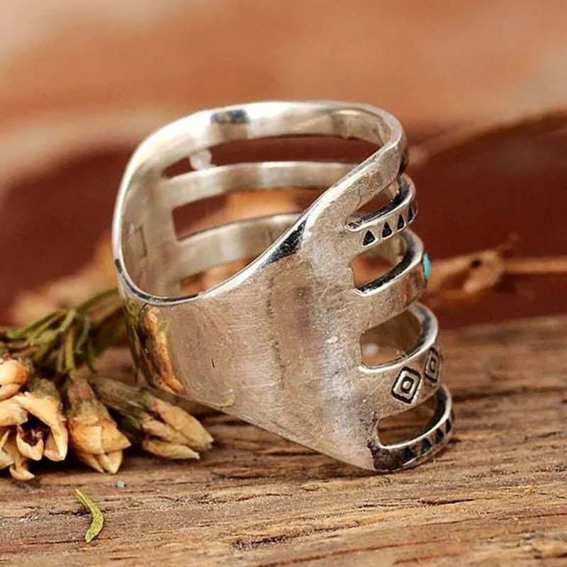 Ny Bohemia Gravert Ring Hul Vintage Blå Turkis