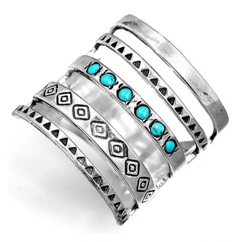 Ny Bohemia Gravert Ring Hul Vintage Blå Turkis