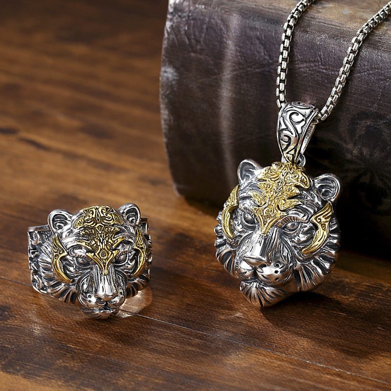 Retro 925 Silver Tiger Head Ring Mannlig Herre Tidevann Live Mouth Justerbar Hip-hop Personlighet Stor Dominerende