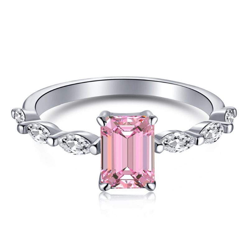 S925 Sterling Sølv Ring Kvinnelig Vanndråpe Mote Rad Med Diamanter Søt Fersken Hjerte Temperament Firkantet Diamant Rosa Høykarbon Diamantring