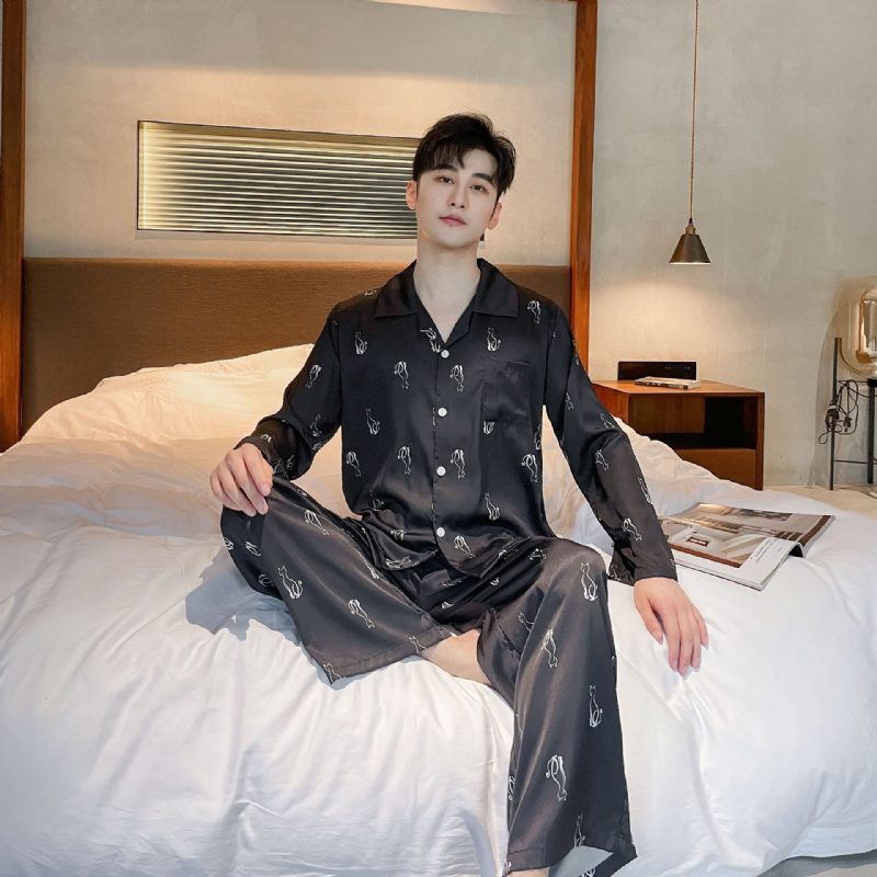 Langermet Loungewear Sett Silk Menns Pyjamas Tegneserie
