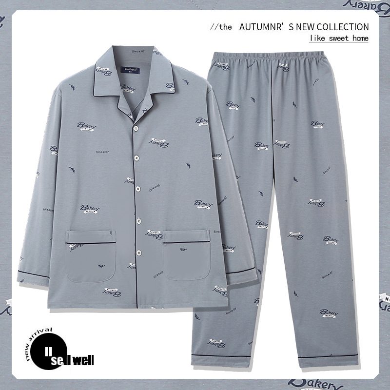 Pyjamas For Menn I Bomull Cardigan Med Lange Ermer Med Trykt Loungewear