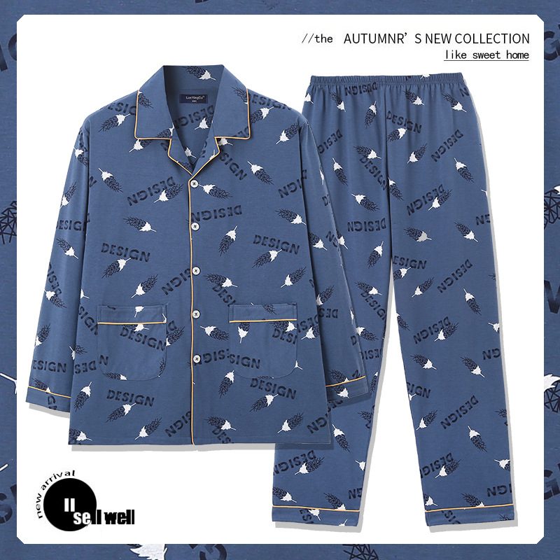 Pyjamas For Menn I Bomull Cardigan Med Lange Ermer Med Trykt Loungewear